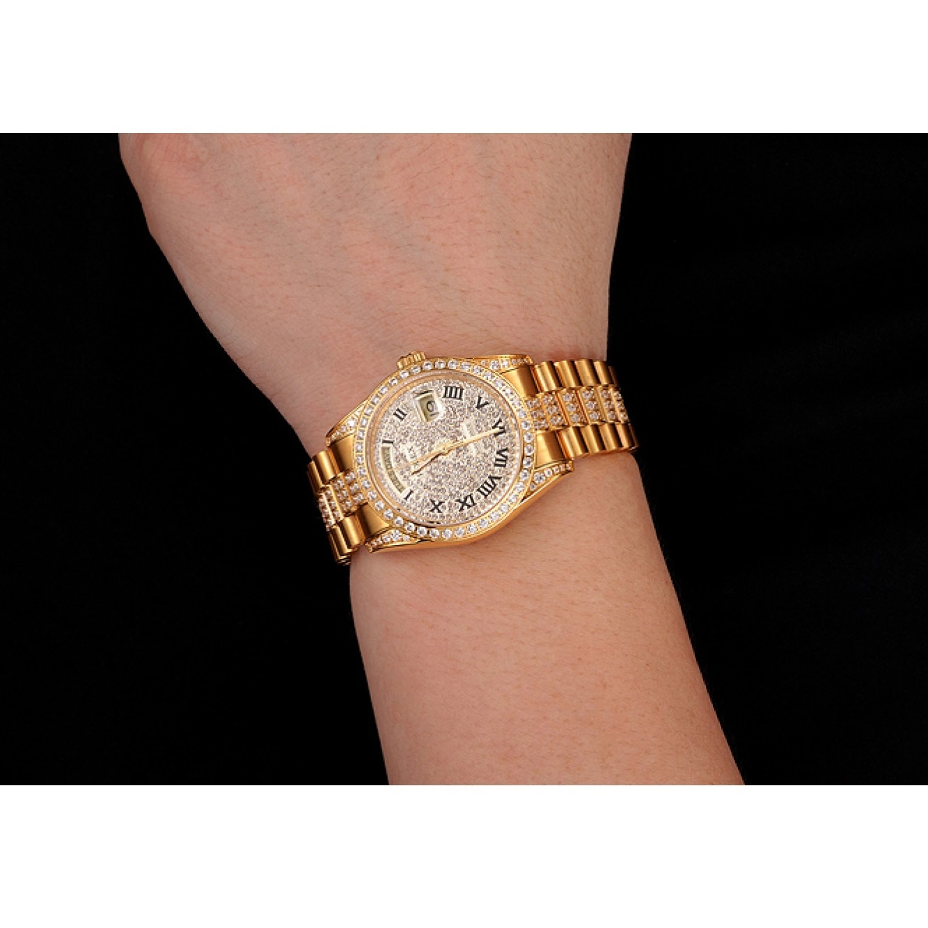 Aaa replica Swiss Diamond 1453956 Gold Bracelet Diamond Pave Day-Date Rolex Dial 0731